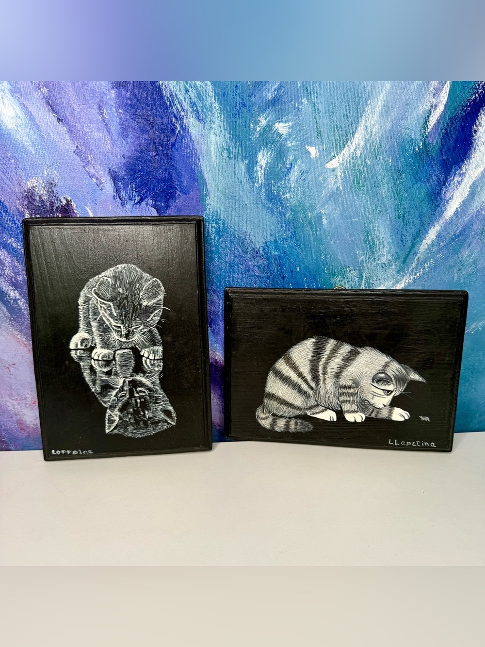 Pair of Original Cat Paintings White on Black Wood Lorraine Lapetina Vintage Art